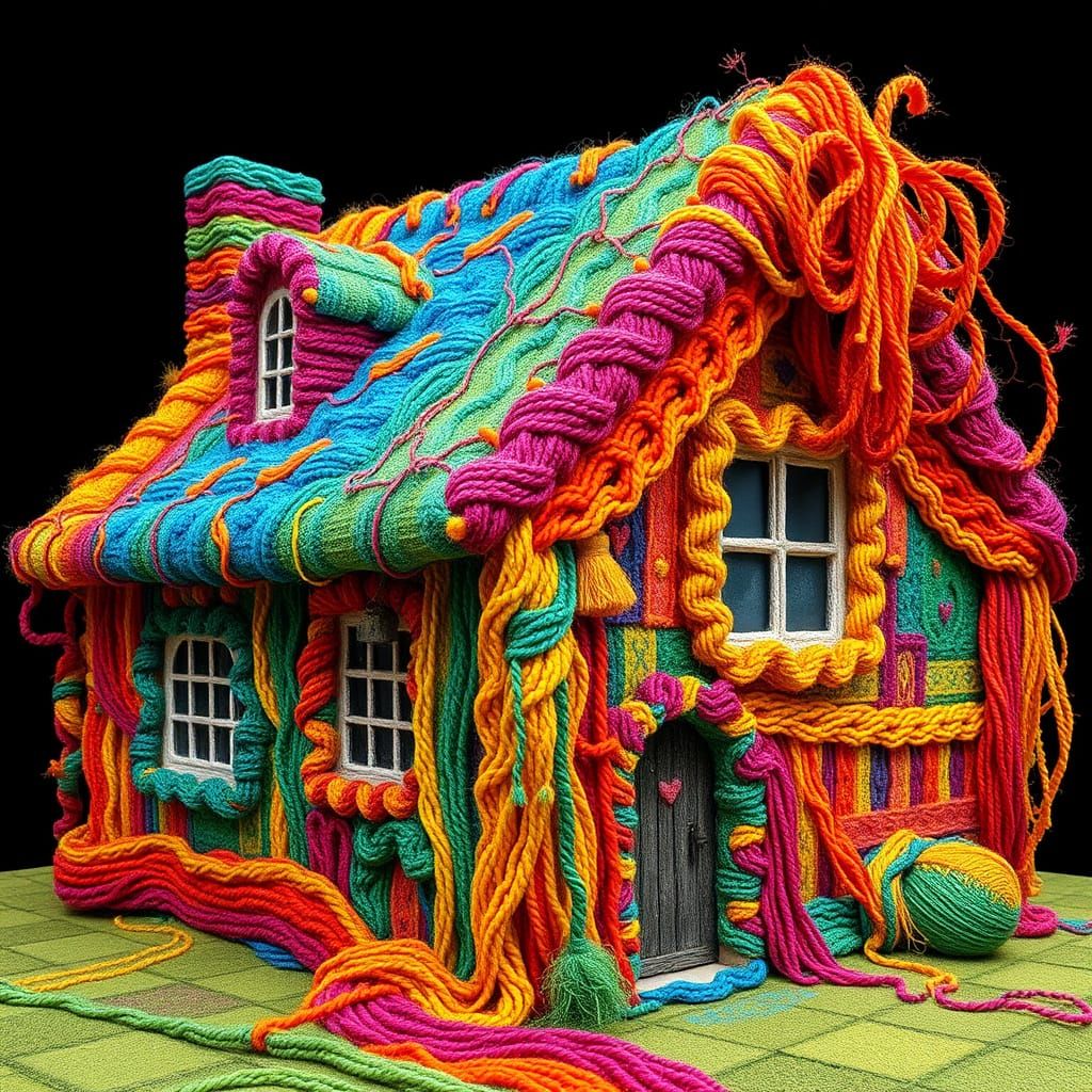House Wrapped in Colorful Yarn and Embroidery