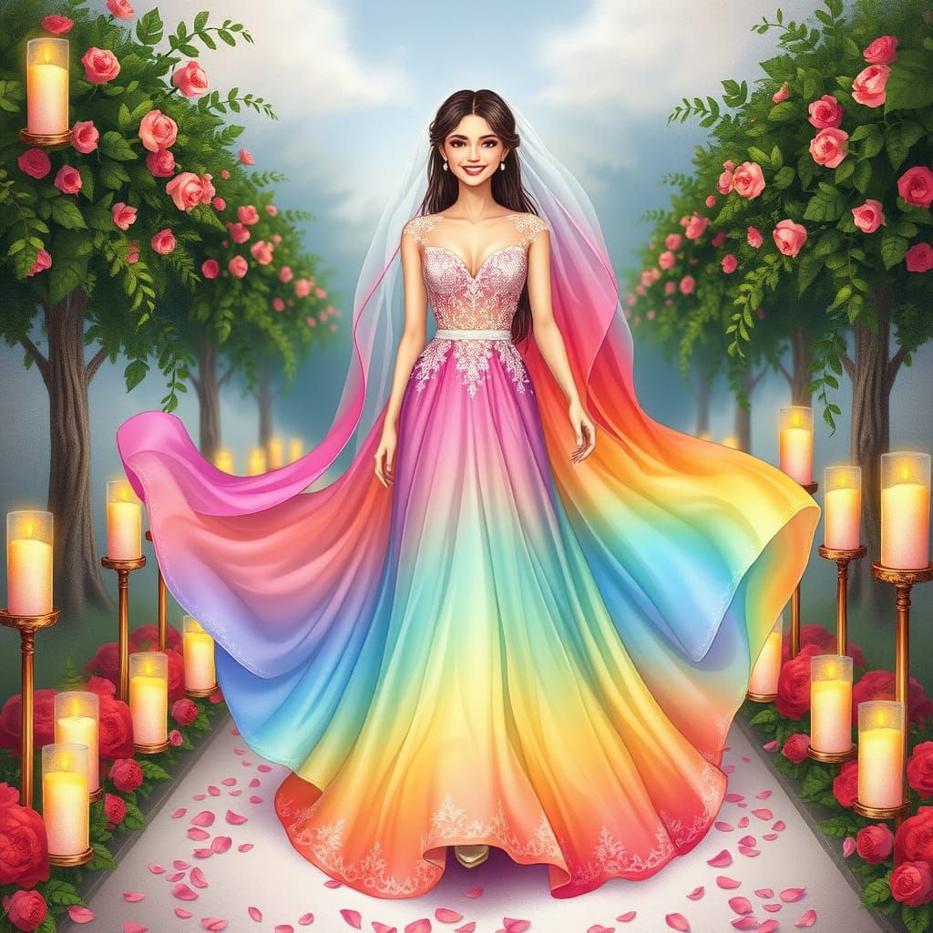 Whimsical Bride in Rainbow Wedding Gown