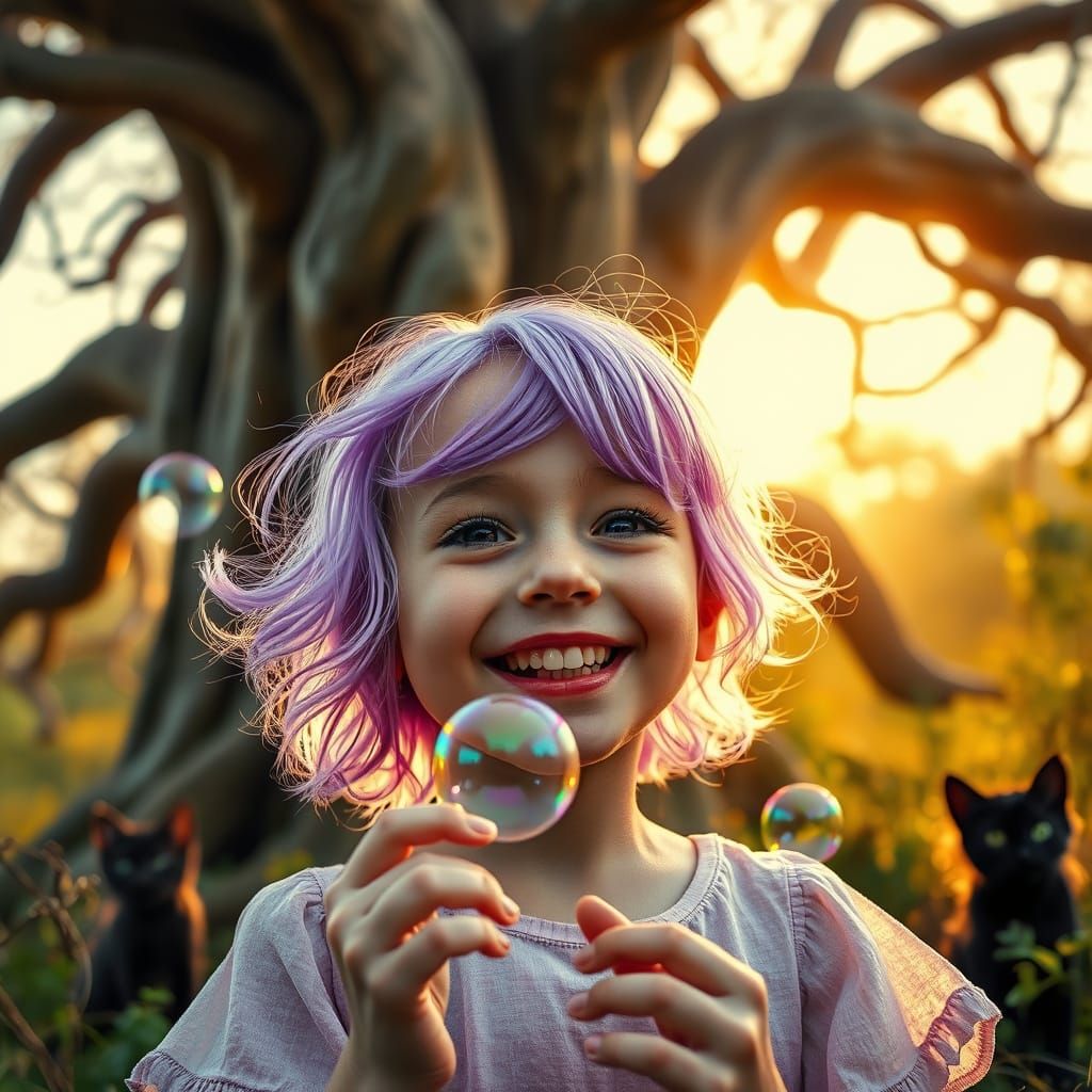 Whimsical Girl Blows Bubbles in Golden Light