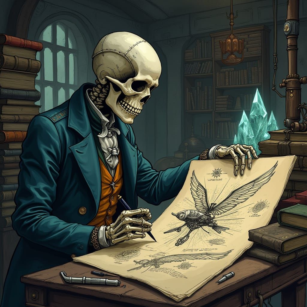 Steampunk Skeleton Sketches Fantastical Flying Machine in Un...
