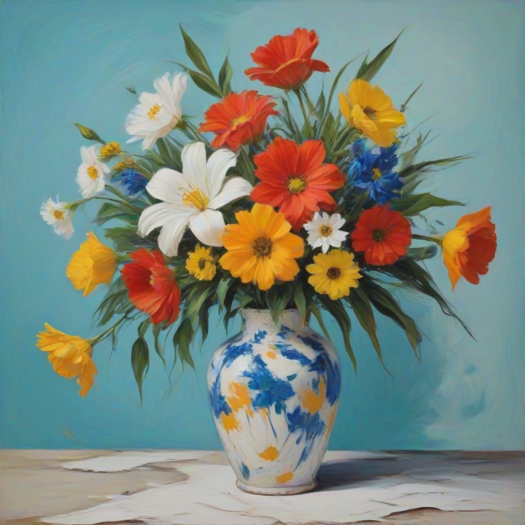 Vibrant Impasto Flowers Dance in a Blue Vase