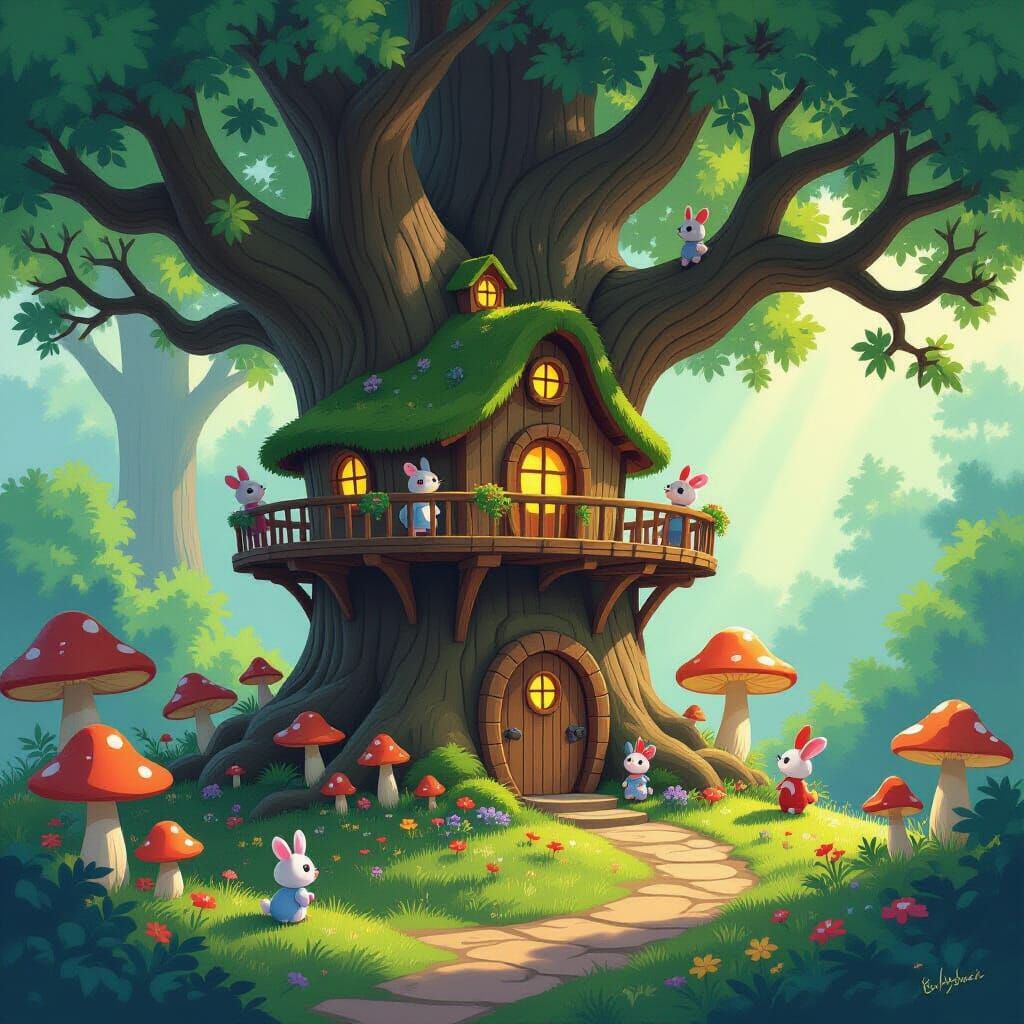 Whimsical Treehouse Village with Glowing Creatures