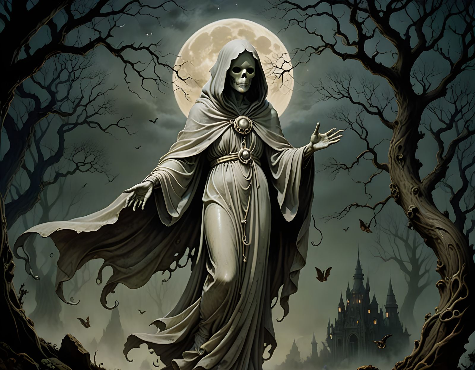 Whimsical Clay Ghost in Moonlit Mist