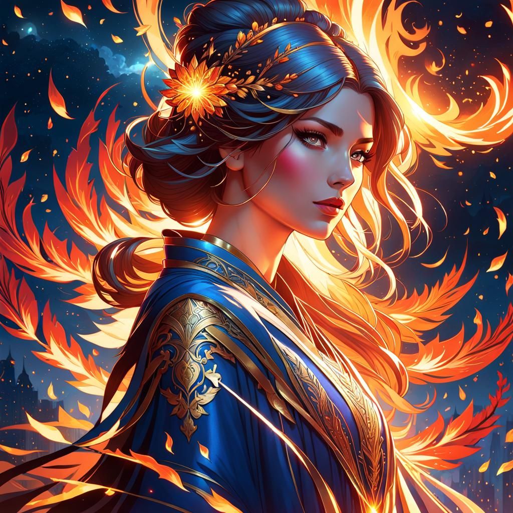 Midnight Woman Surrounded by Fire, Hyperdetailed Concept Art