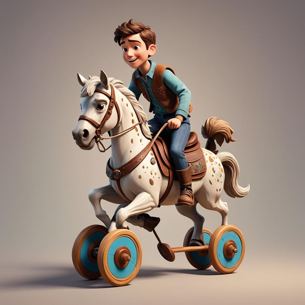 Boy Rides Hobby Horse: Pixar-Style 3D Digital Art