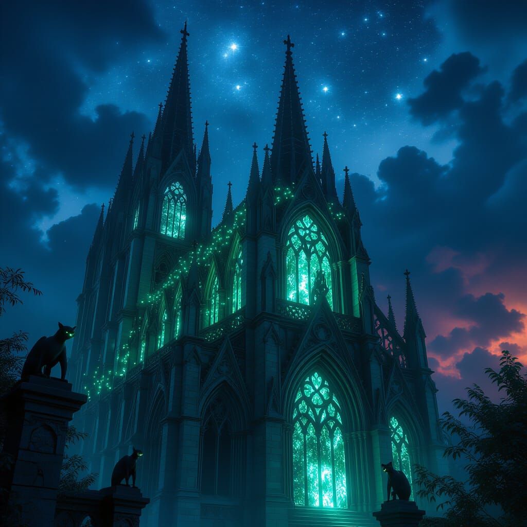 Gothic Cathedral Draped in Bioluminescent Flora Under Starry...