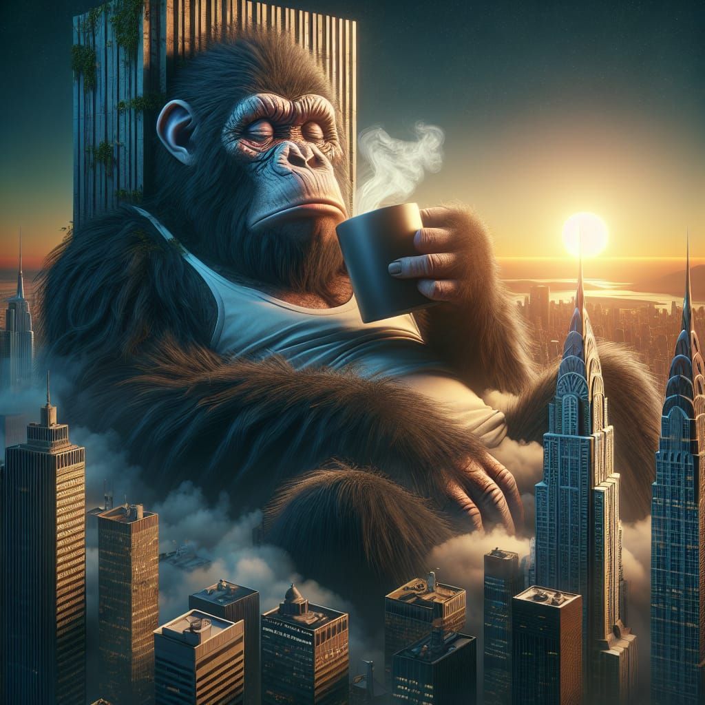 Hyperrealistic Ape Awakens Atop Skyscraper with Coffee