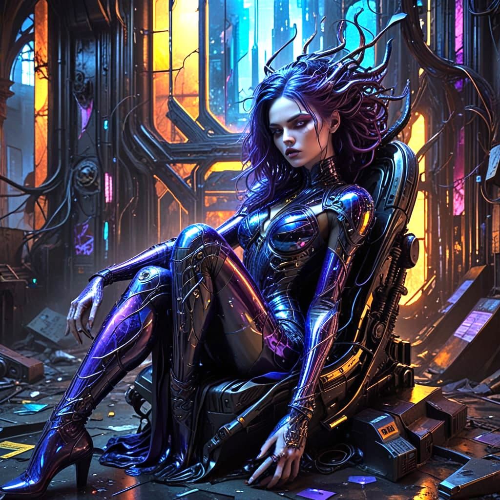 Hypermaximalist Cyberpunk Goddess in Industrial Decay