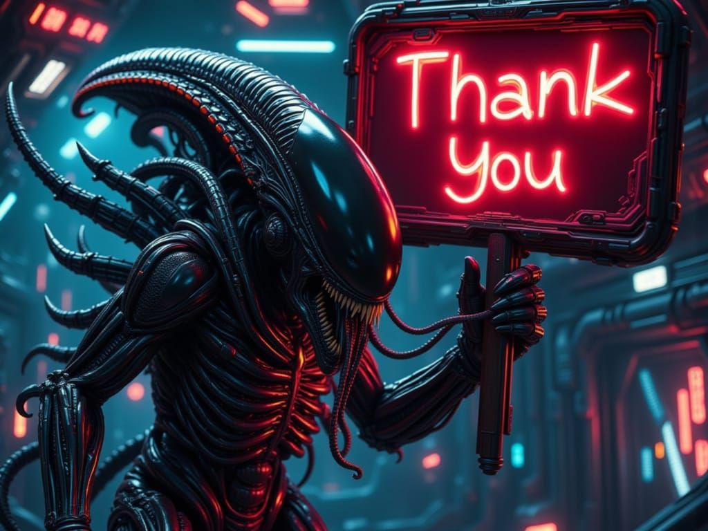Xenomorph With Bioluminescent Endoskeleton Holding 'Thank Yo...