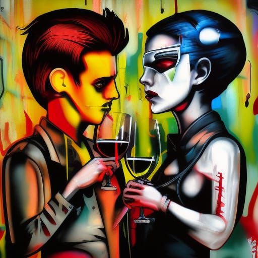 Cyberpunk Lovers Drinking Wine in FunkoPOP Style
