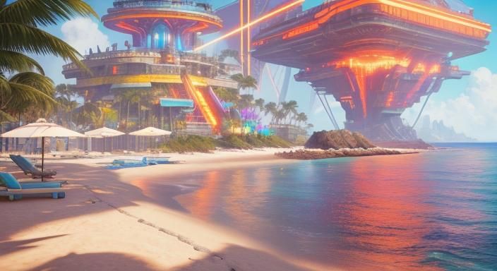 Tropical Cyberpunk Beach Fortress in Iridescent Colors