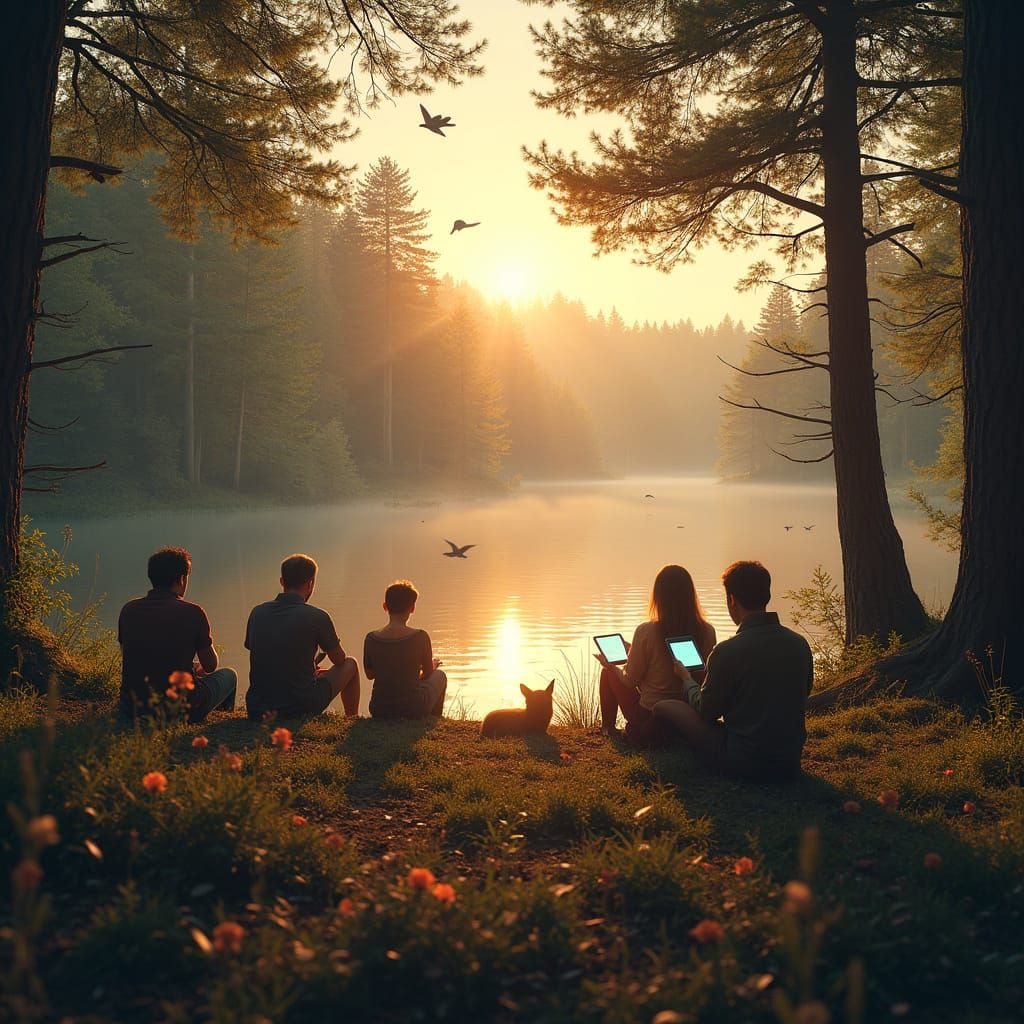 Futuristic Lakeside Forest at Sunset: A Photorealistic Scene