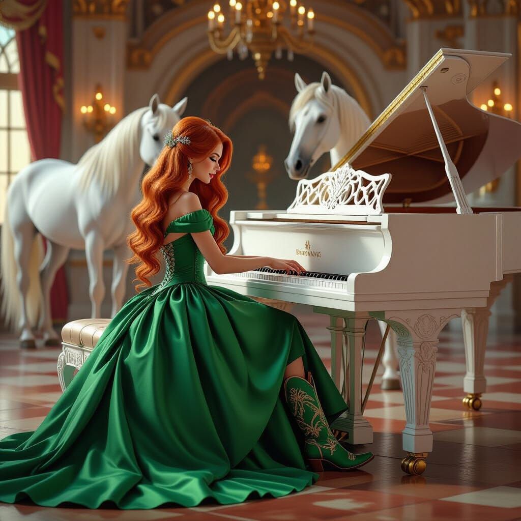 Princess Plays Piano in Lavish Castle Interior