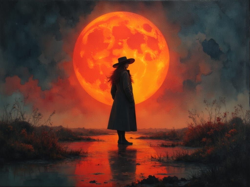 Figure Under Orange Moon in Oil Painting Style