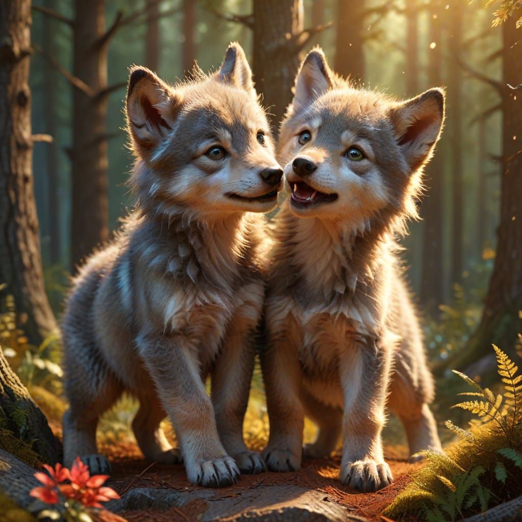 Playful Wolf Cubs in Whimsical Digital Art