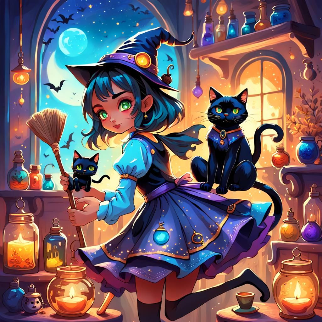 Cute Witch Mixing Potion in Mystical Forest