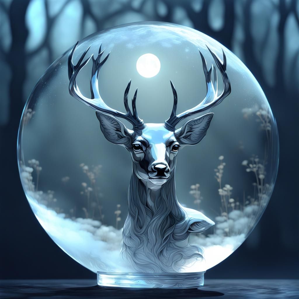 Glass Deer Portrait with Full Moon in Anime Style
