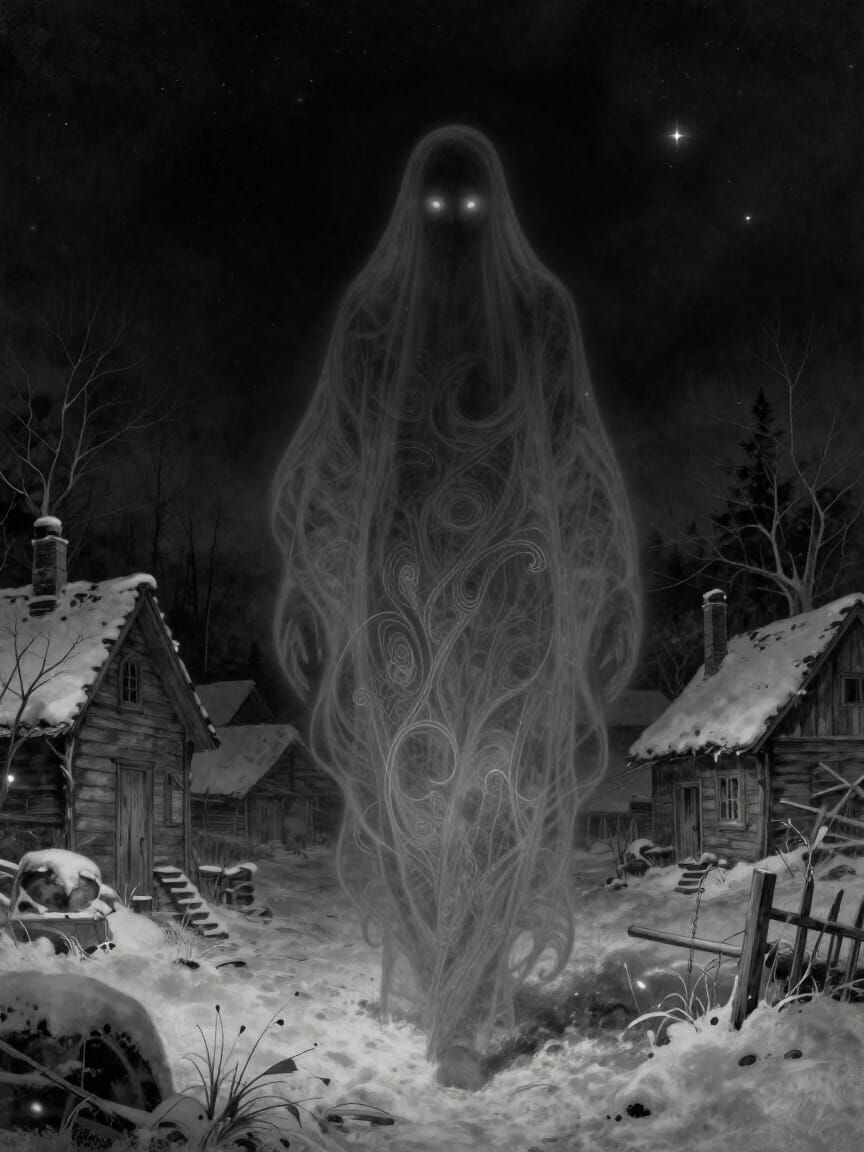 Spectral Ghost Haunts Snow-Covered Village Under Starless Sk...
