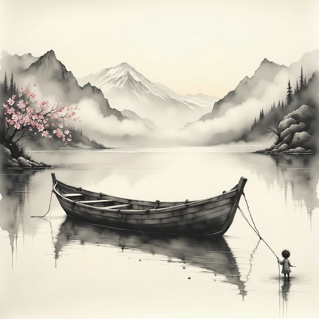 Japanese Sumi-E Fishing Boat in Serene Mountain Landscape