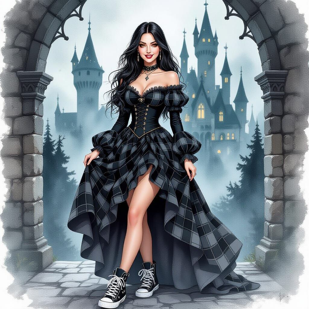 Gothic Woman Poses in Castle Wearing Plaid Gown and Sneakers