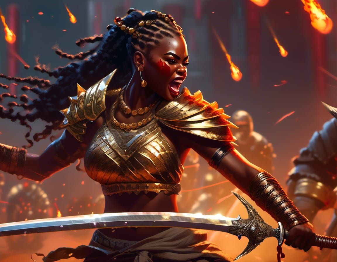 Fierce African Warrior Woman in Bloody Battle