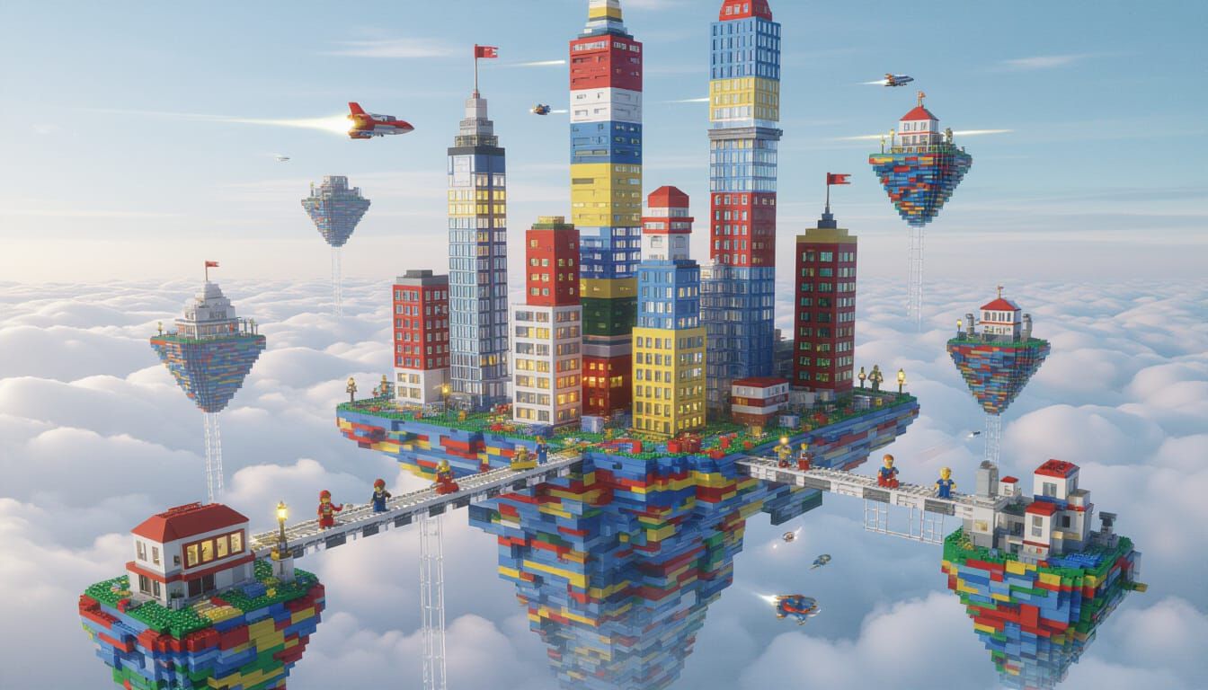 Surreal LEGO City Floating Above Clouds in Macro Style