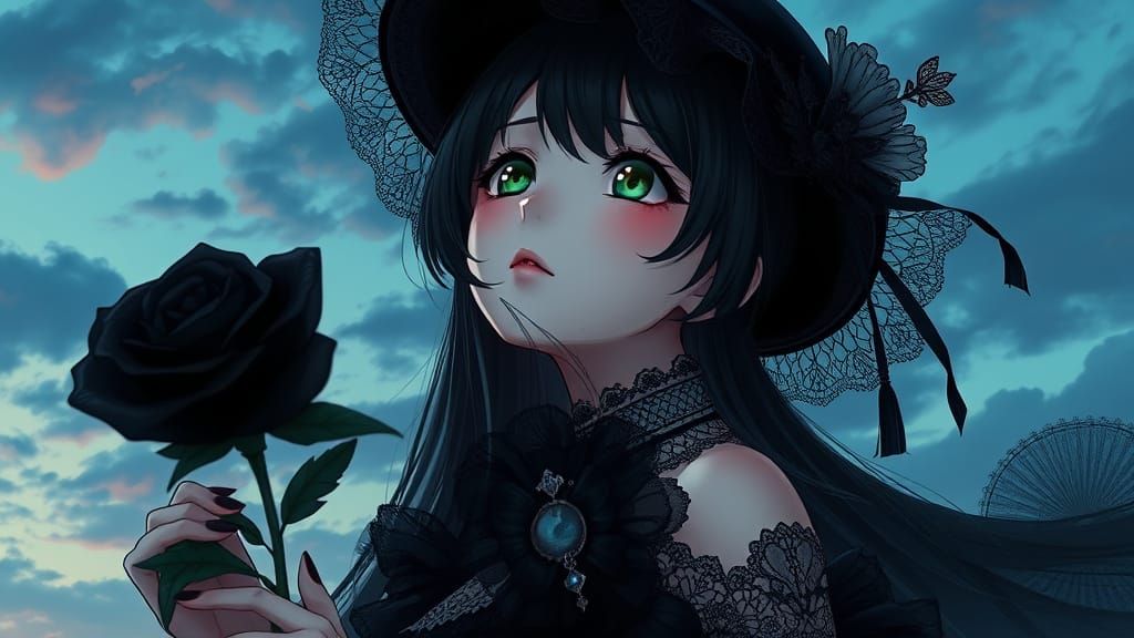 Gothic Anime Goddess with Tears and a Black Rose