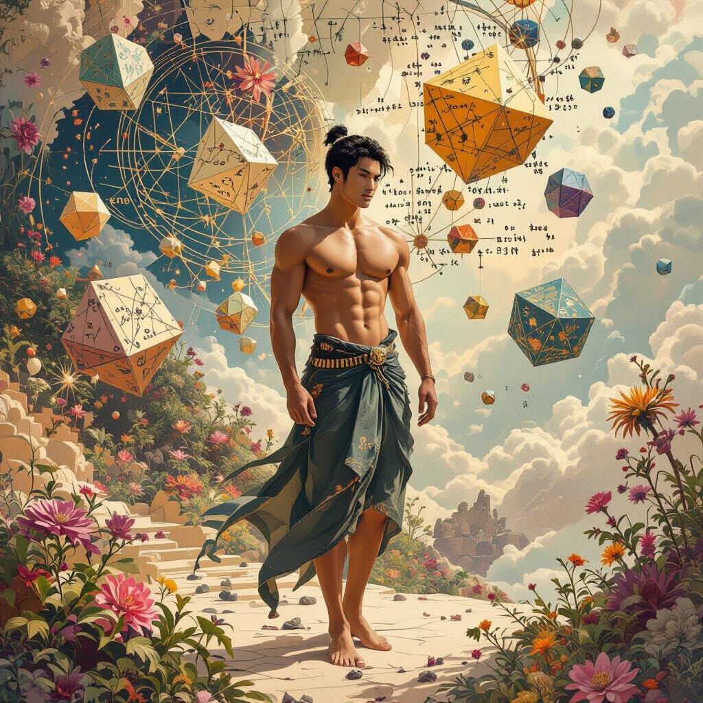 Surreal Mathematical Paradise with Muscled Man