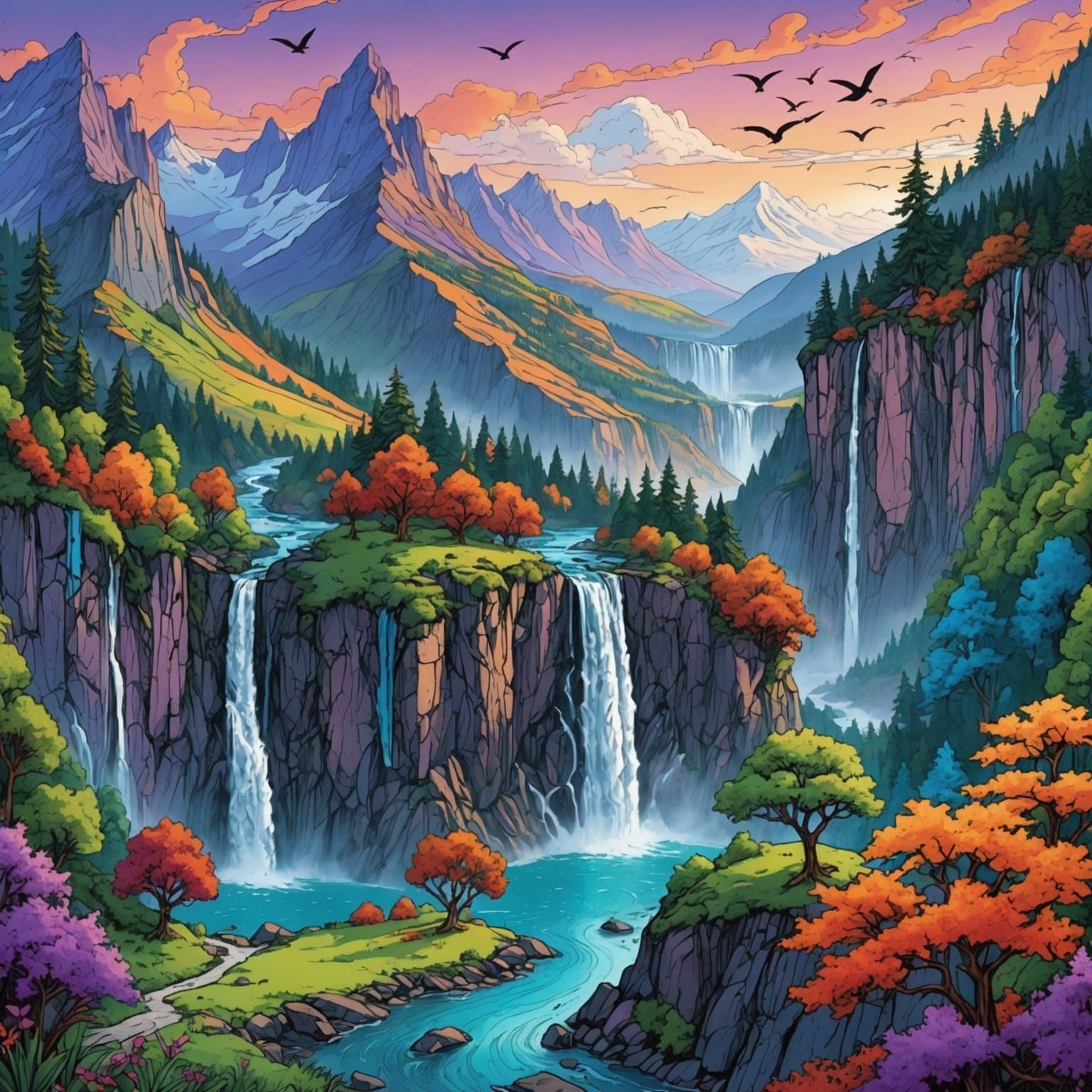 Doodle Style Fantasy Landscape with Waterfalls