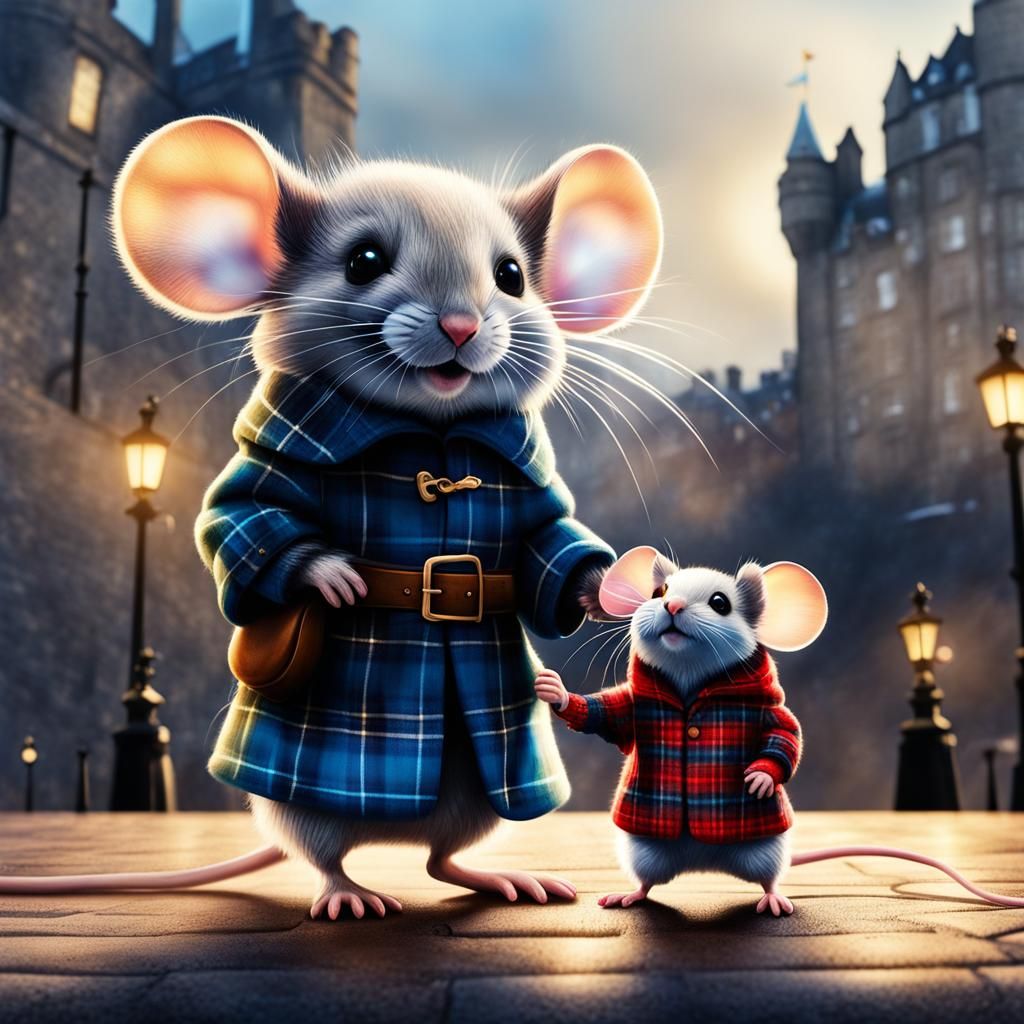 Tartan Mice Near Edinburgh Castle, Digital Airbrush Art