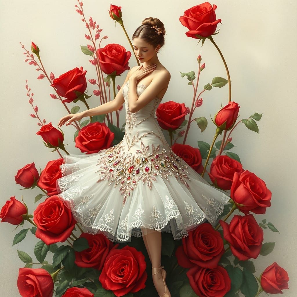 Ballerina in Romantic Art Nouveau Pose with Red Roses