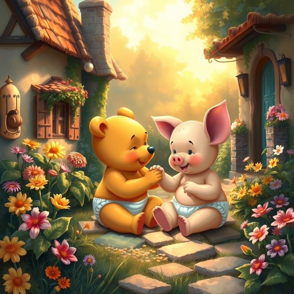Whimsical Cottage Scene with Baby Pooh and Piglet in Adorabl...