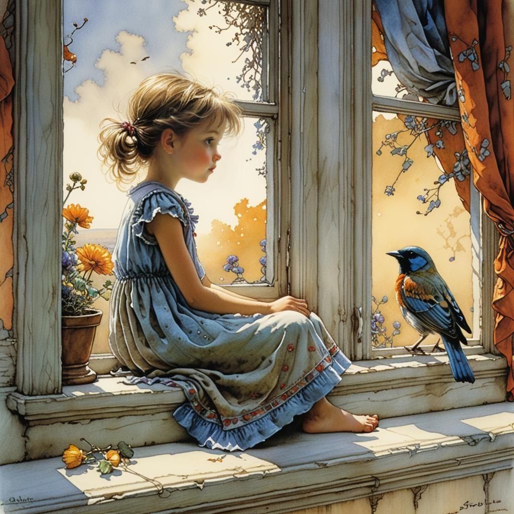 Girl, Bird, and Window: Watercolor Painting