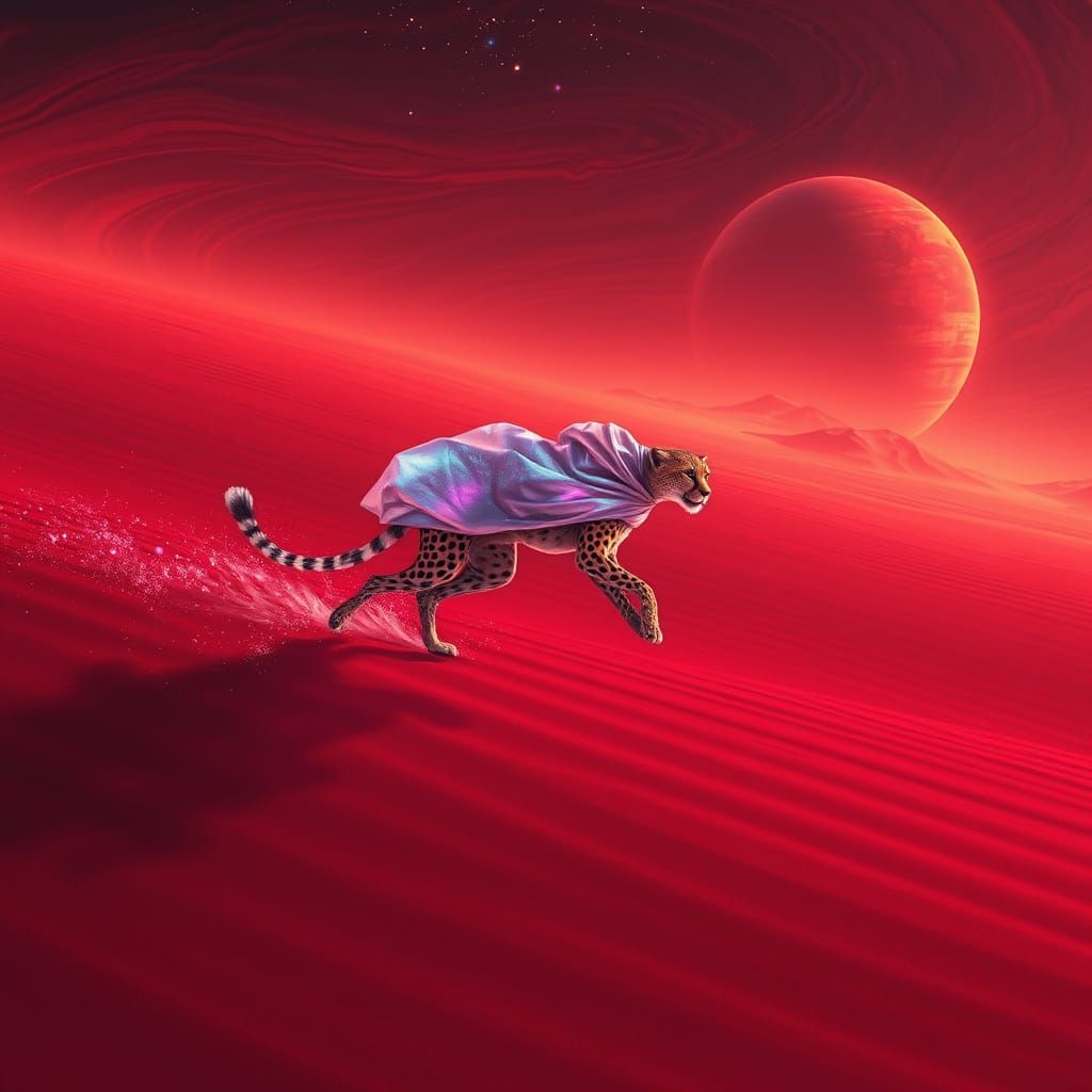 Cosmic Cheetah Sprints Across Scarlet Desert Planet