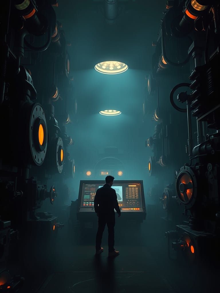 Dystopian Machine Room with Lone Figure, Retro-Futuristic St...
