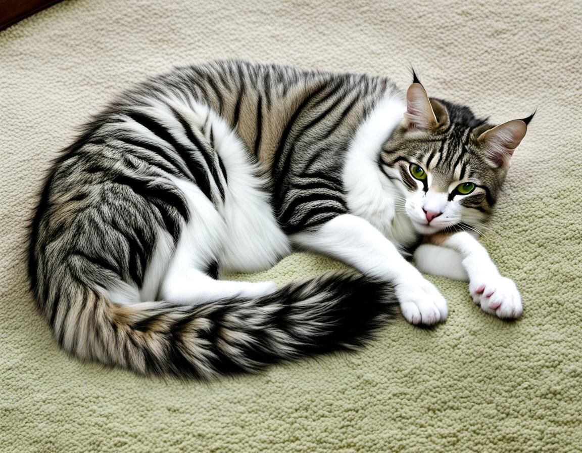 Tabby Catgirl Resting on Carpet, Furry Digital Art