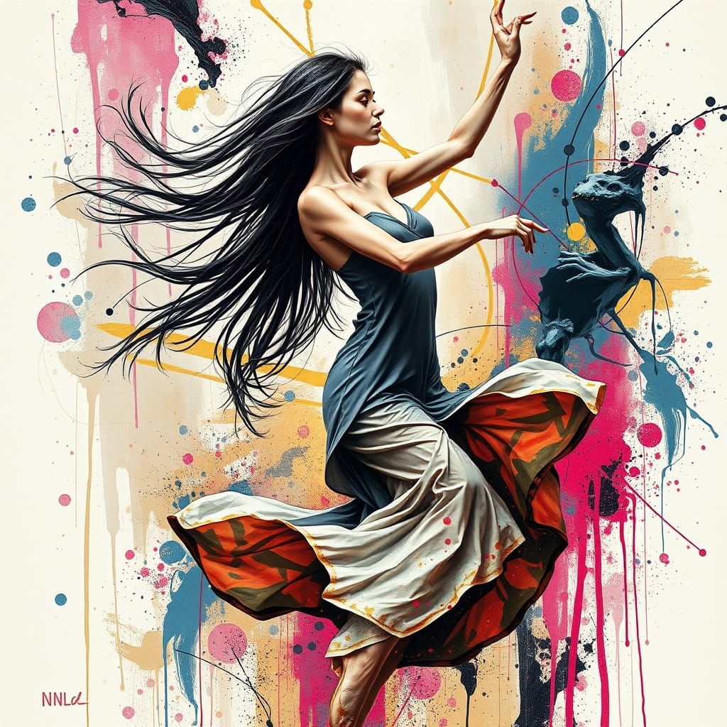 Dynamic Dancer in Motion: Mixed-Media Impasto Art