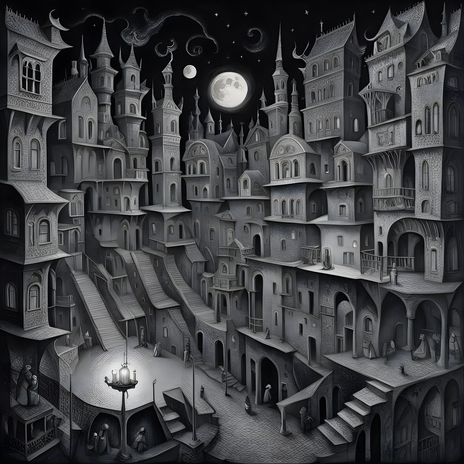 Surreal Cityscape at Night in Detailed Line Drawing Style