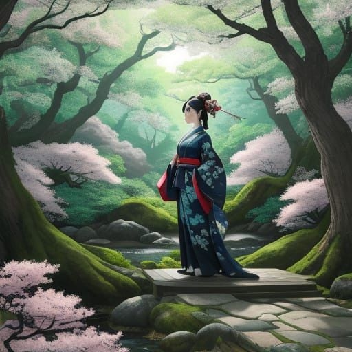 Serene Japanese Goddess in Hokusai-Style Ukiyo-e Woodblock P...