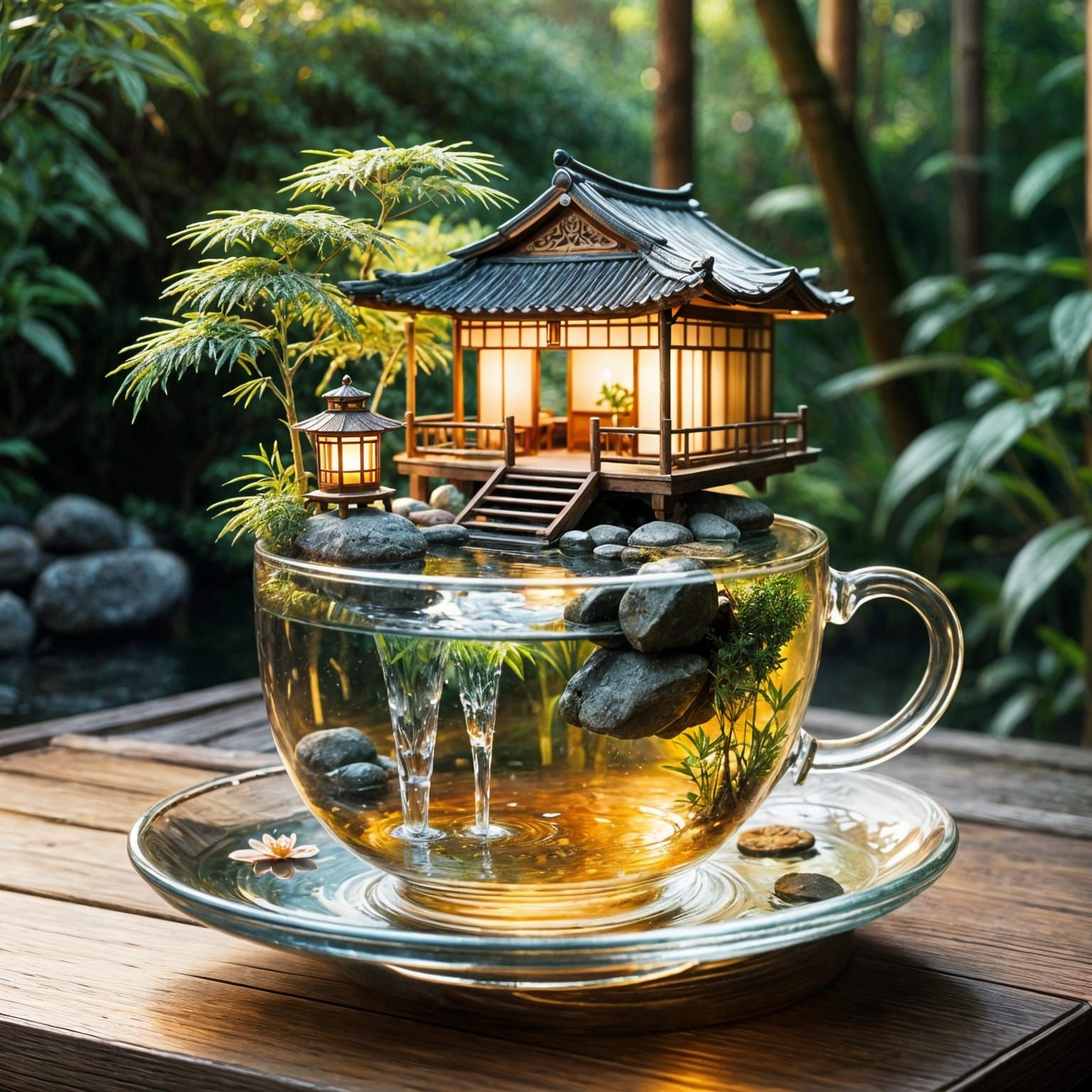 Miniature Teahouse Waterfall in Glass Teacup