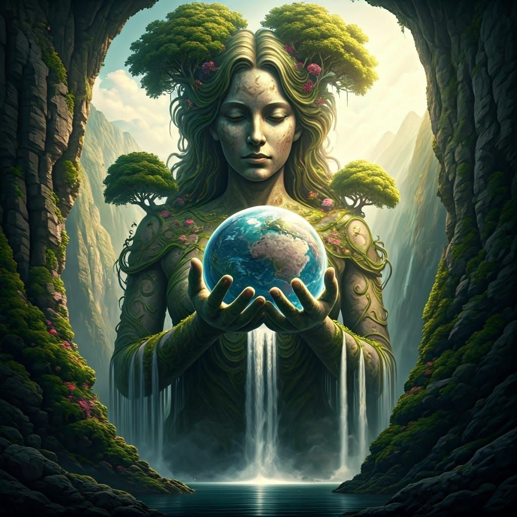 Majestic Earth Goddess Sculpture Protecting Earth: Art Nouve...