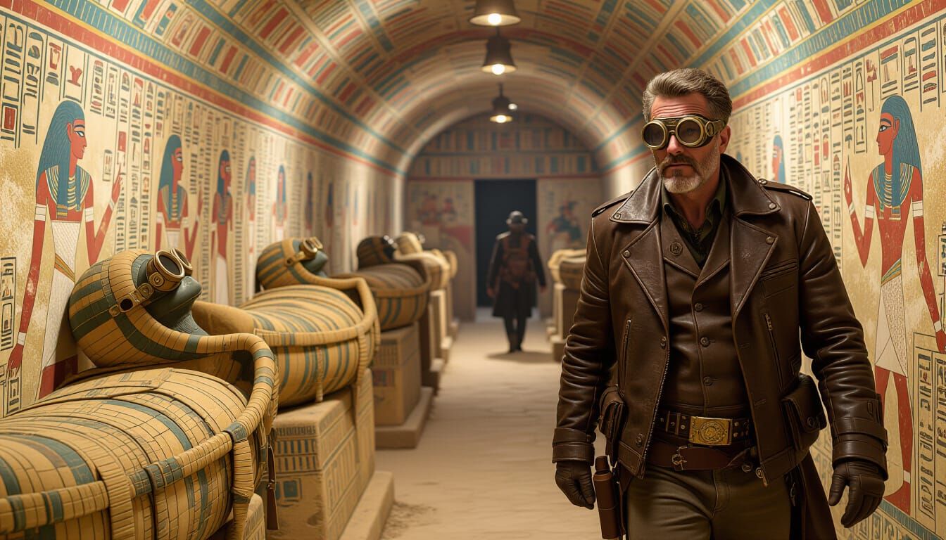 Steampunk Archeologist in Luxor Tomb with Hieroglyphs