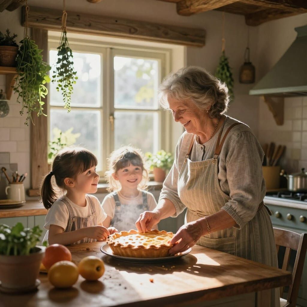 Grandmother and Grandchildren Bake Pie in Sunlit Kitchen