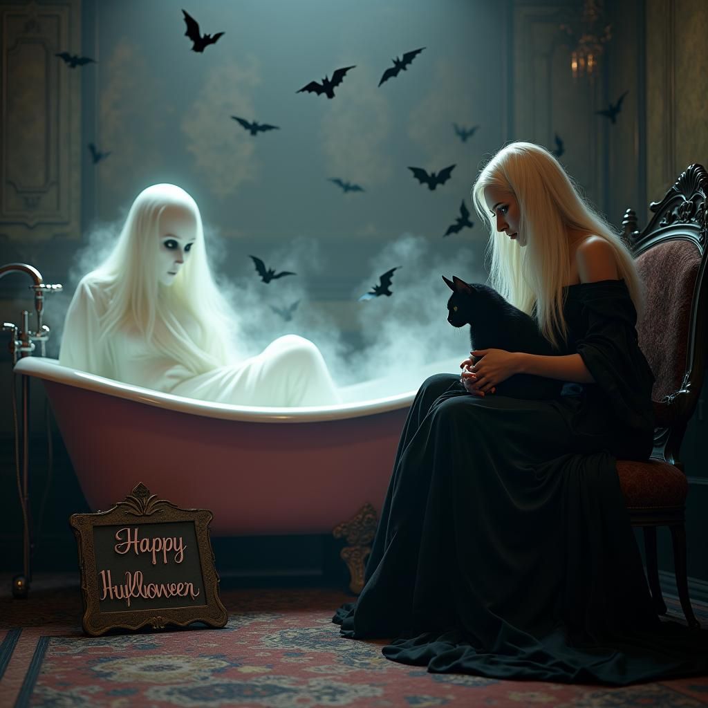 Ghost in Pink Gothic Bathroom with Witch and Cat