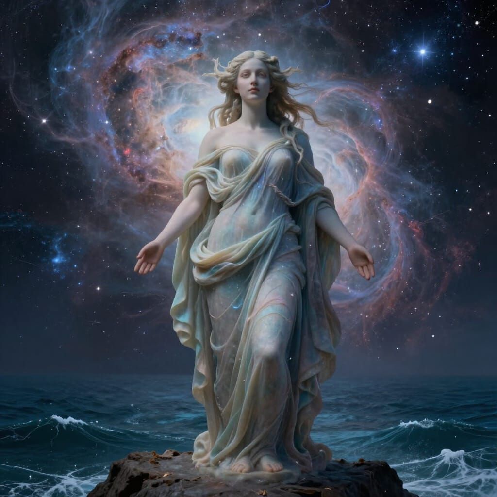 Ethereal Woman on Cosmic Ocean Precipice