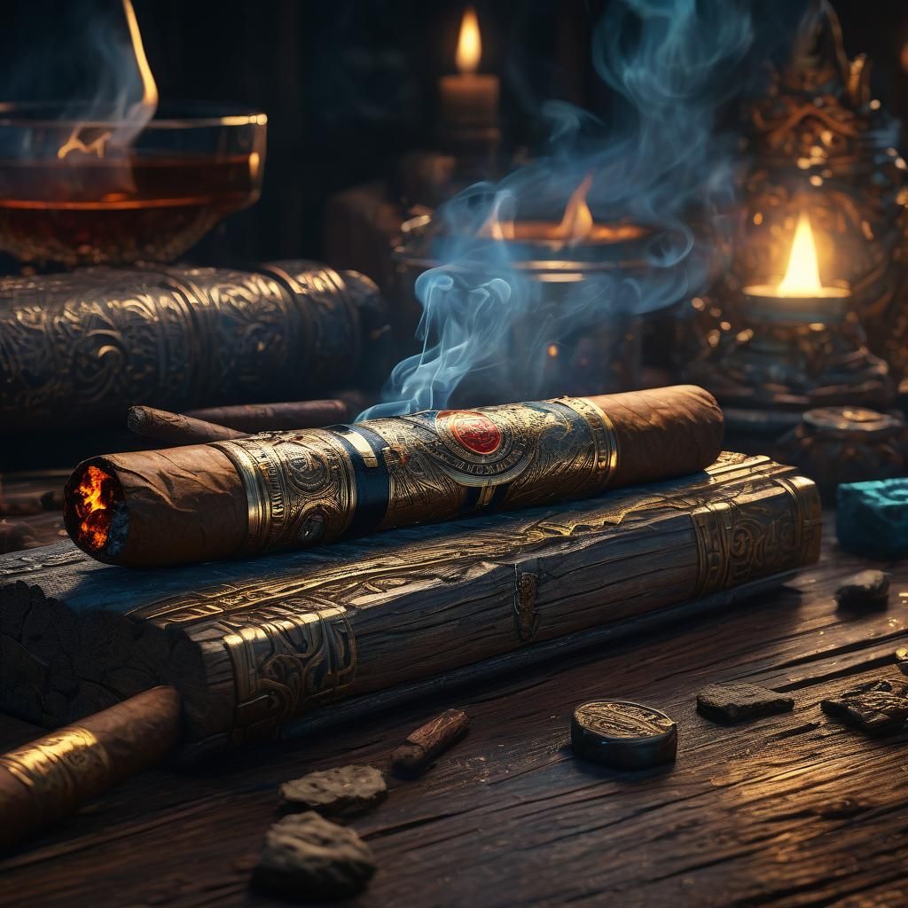 Cigar and Whiskey Still Life with Mystical Artifacts