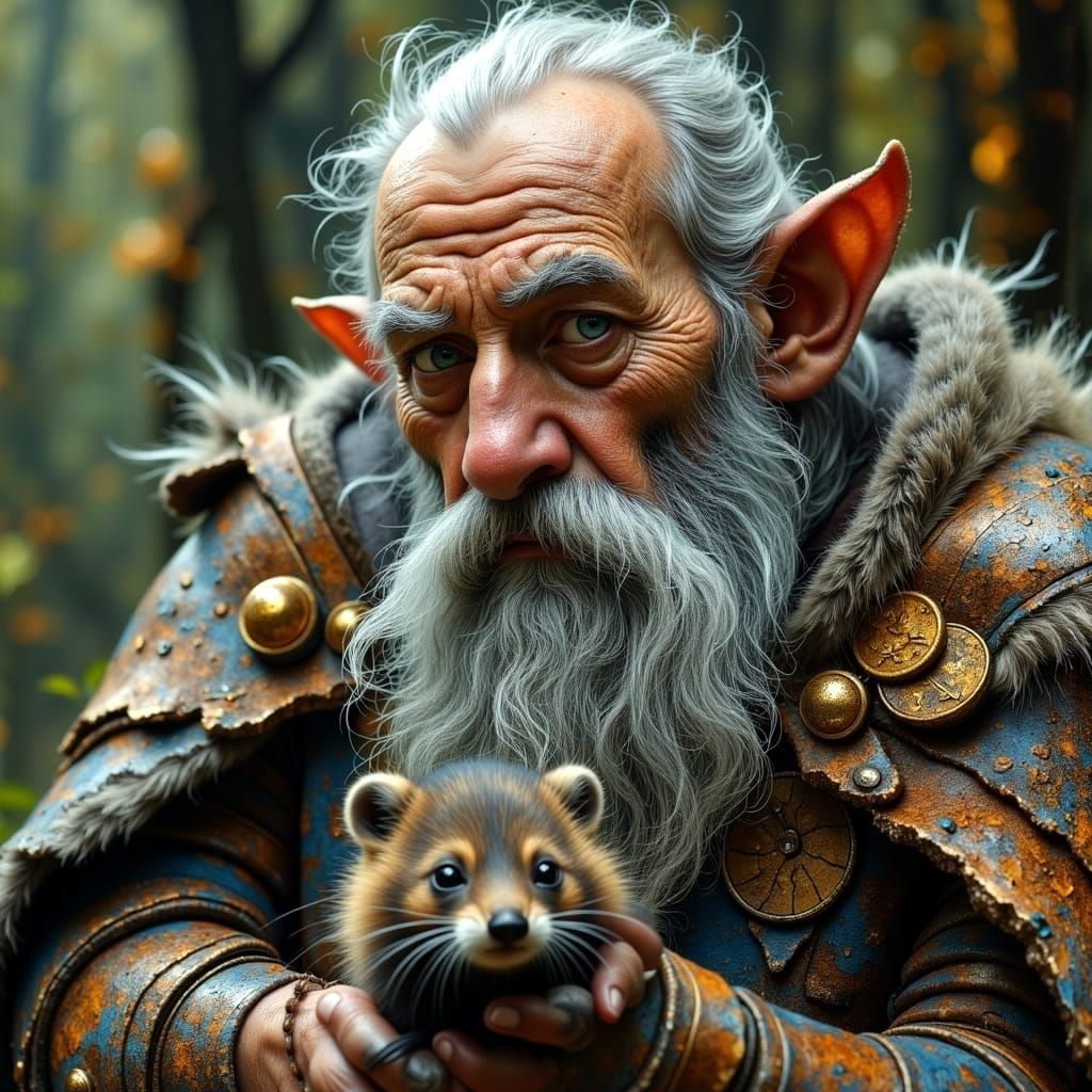 Grizzled Dwarf with Stoat in Medieval Forest