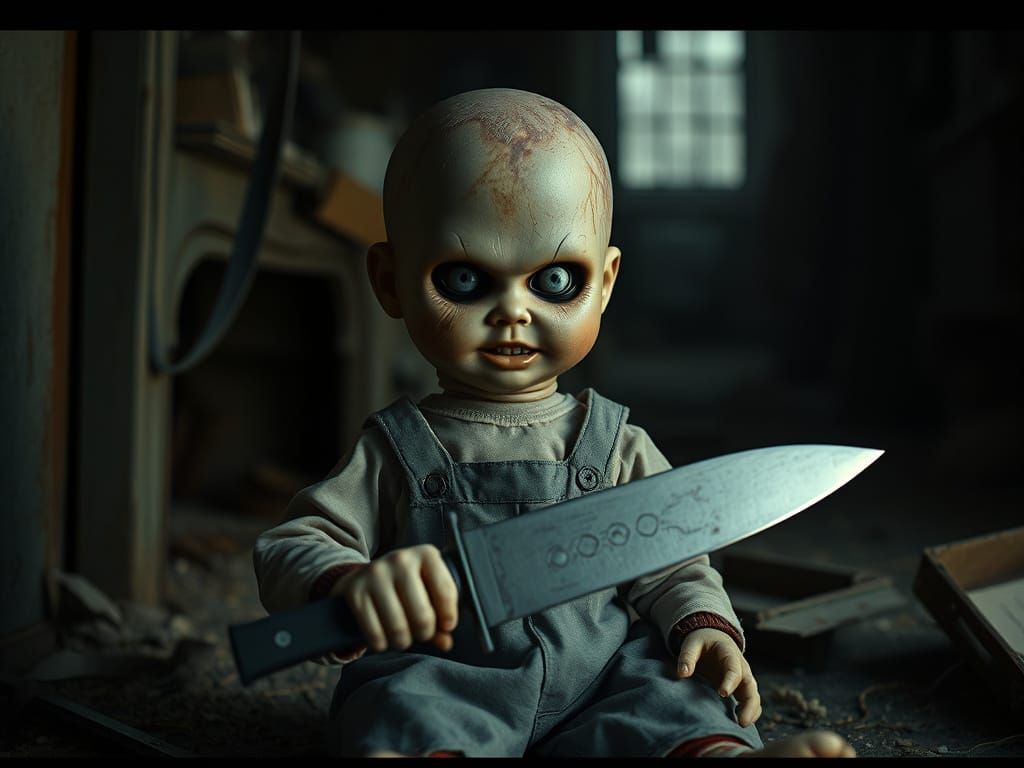 Haunting Doll with Knife in Dusty Attic