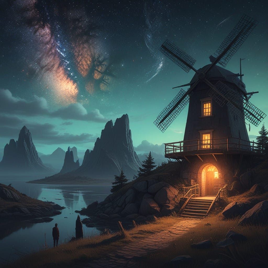 Epic Fantasy Windmill Illuminated by Celestial Light