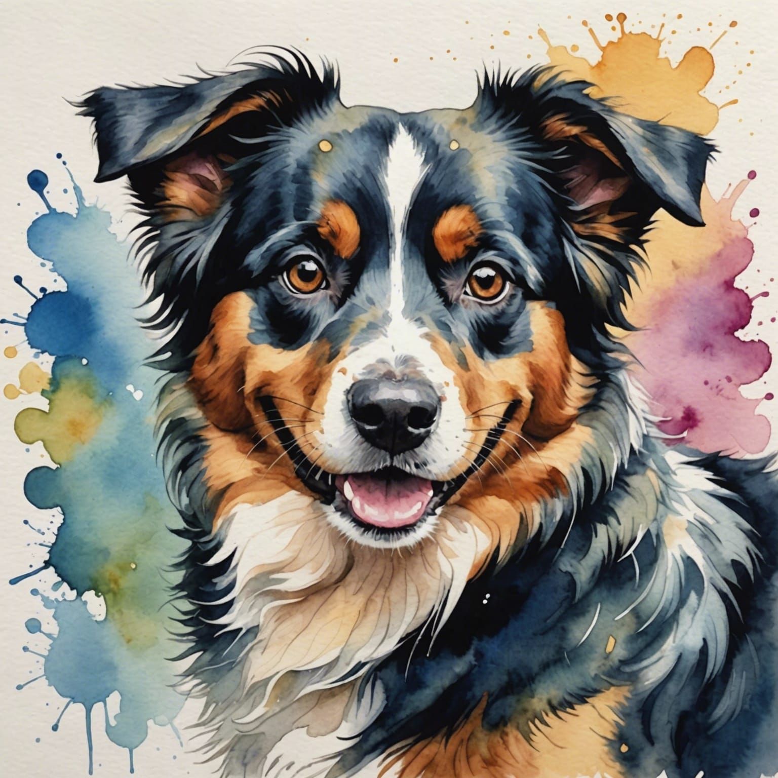 Smiling Mini Australian Shepherd Watercolor Painting
